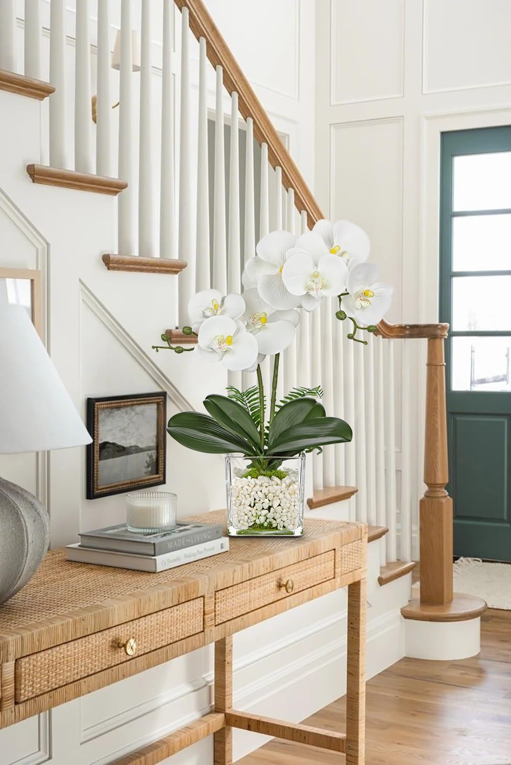 Elegant White Orchid Faux Flowers in Pot – 16.1″ Centerpiece Decor