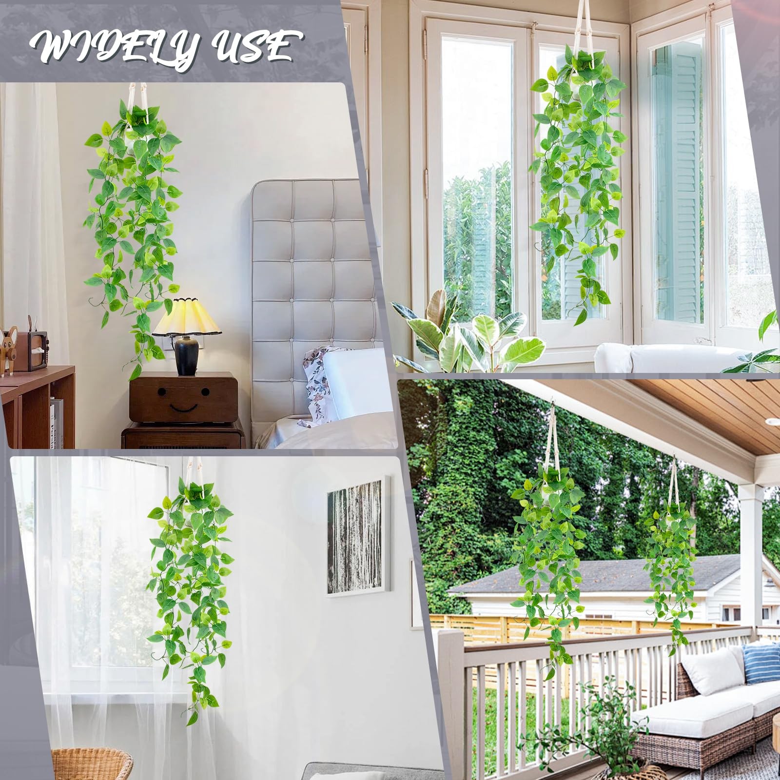 2 Pack 39 Inch Artificial Hanging Plant Kit Fake Pothos Vines White Pot