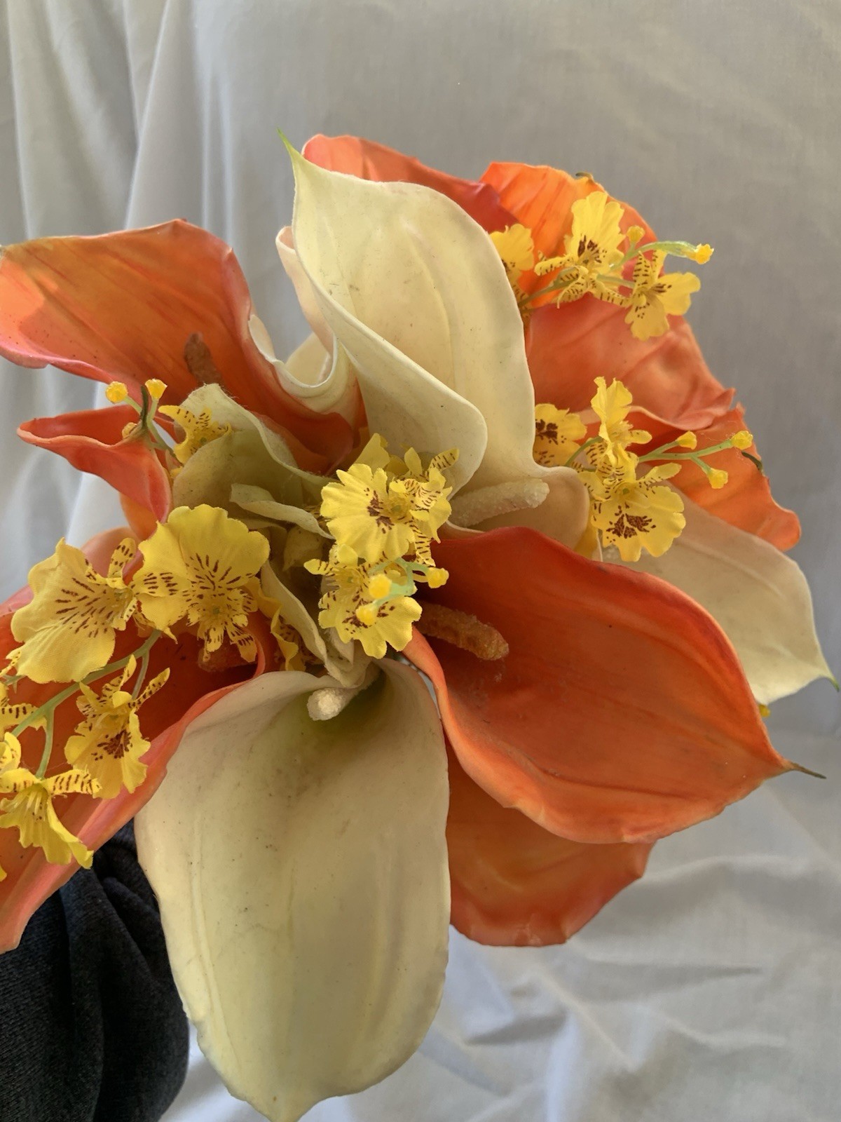 Bridal Prom Lily Bouquet Orange White Flowers Exotic Realistic Faux Rubber Soft