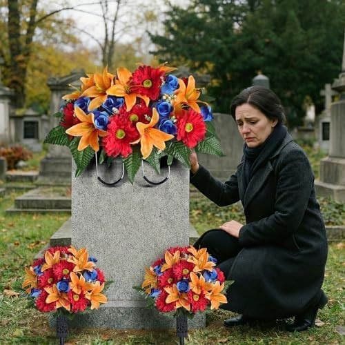 3 PCS Artificial Cemetery Flower Saddles, Cemetery Memorial Flowers with Vase fo