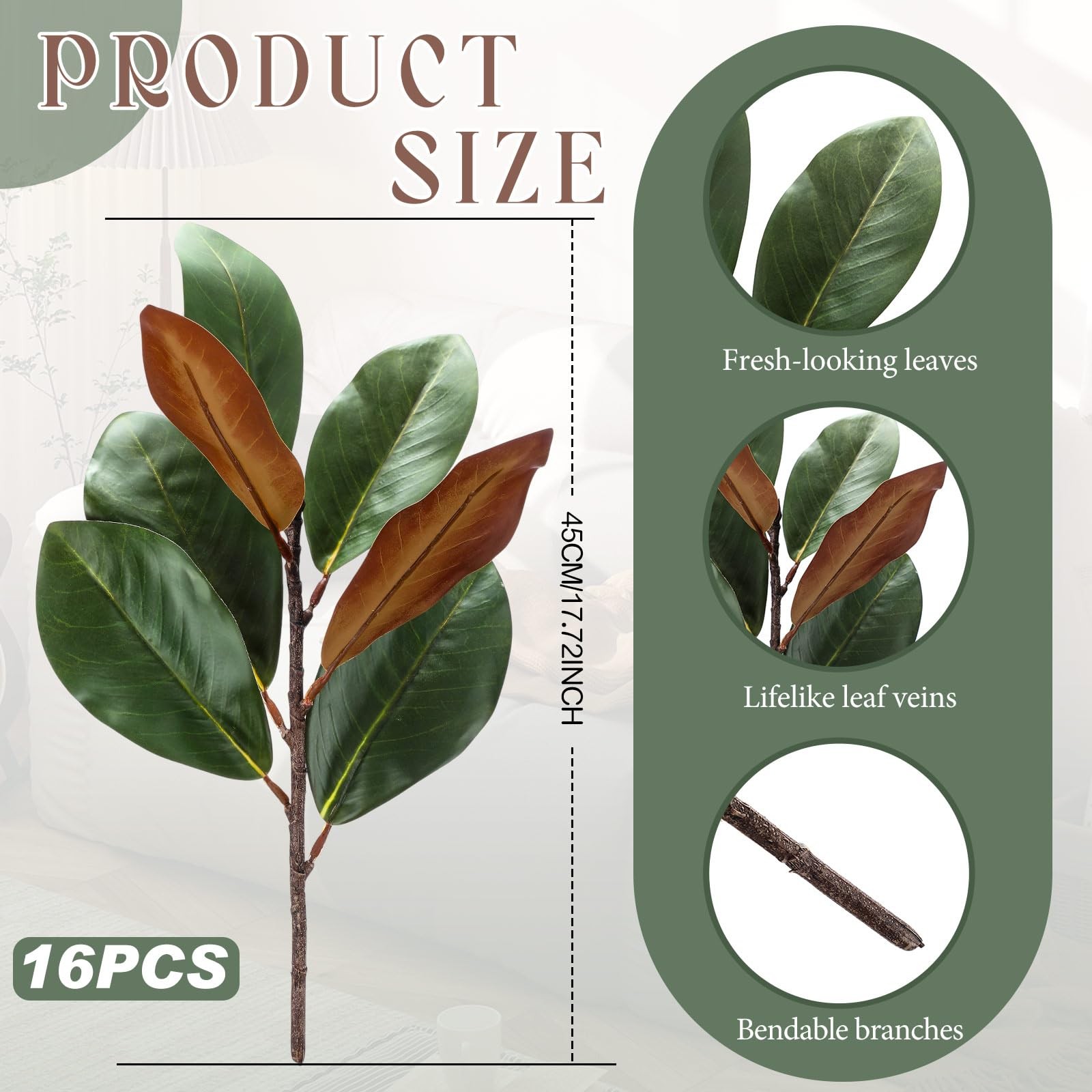 Suncalla 16 Pcs Magnolia Artificial Leaves Branches 17.72 Inches Artificial Fake