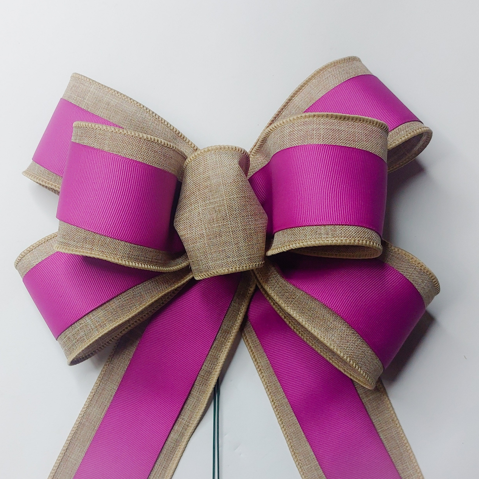 Wreath Bow, Beige Linen, Dark Orchid Grosgrain