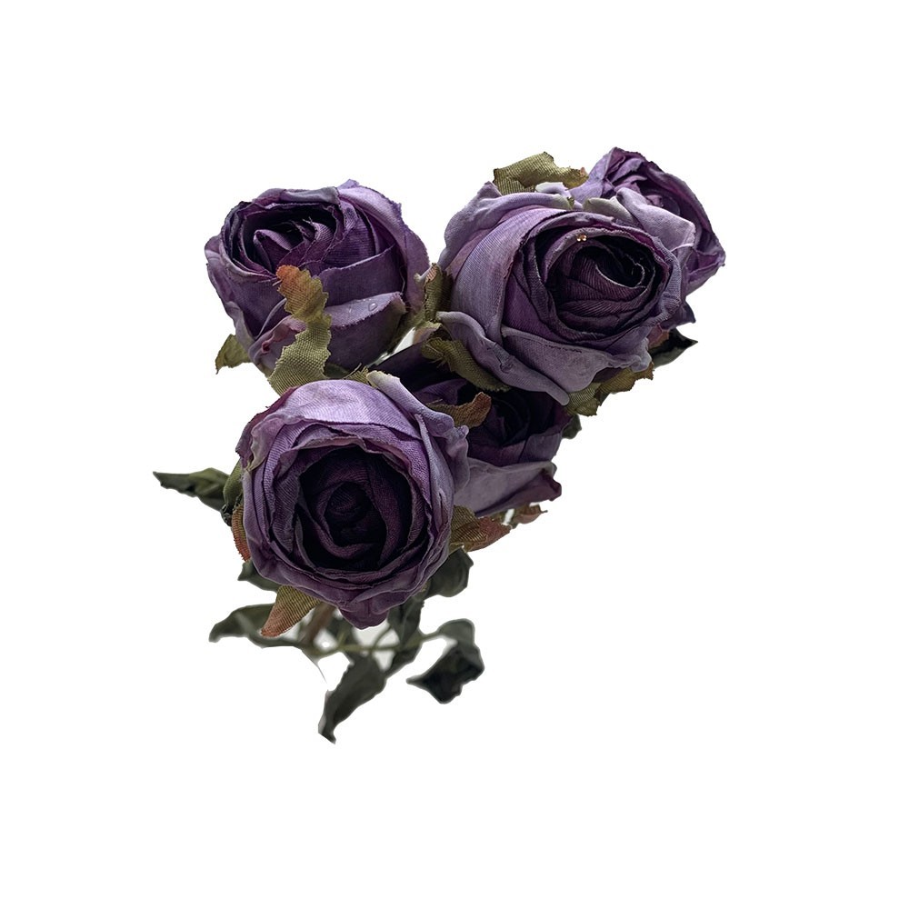 Dry Look Faux Silk Rustic Rose Flower and Leaf Stem 5 Heads 43cm/17in Purple