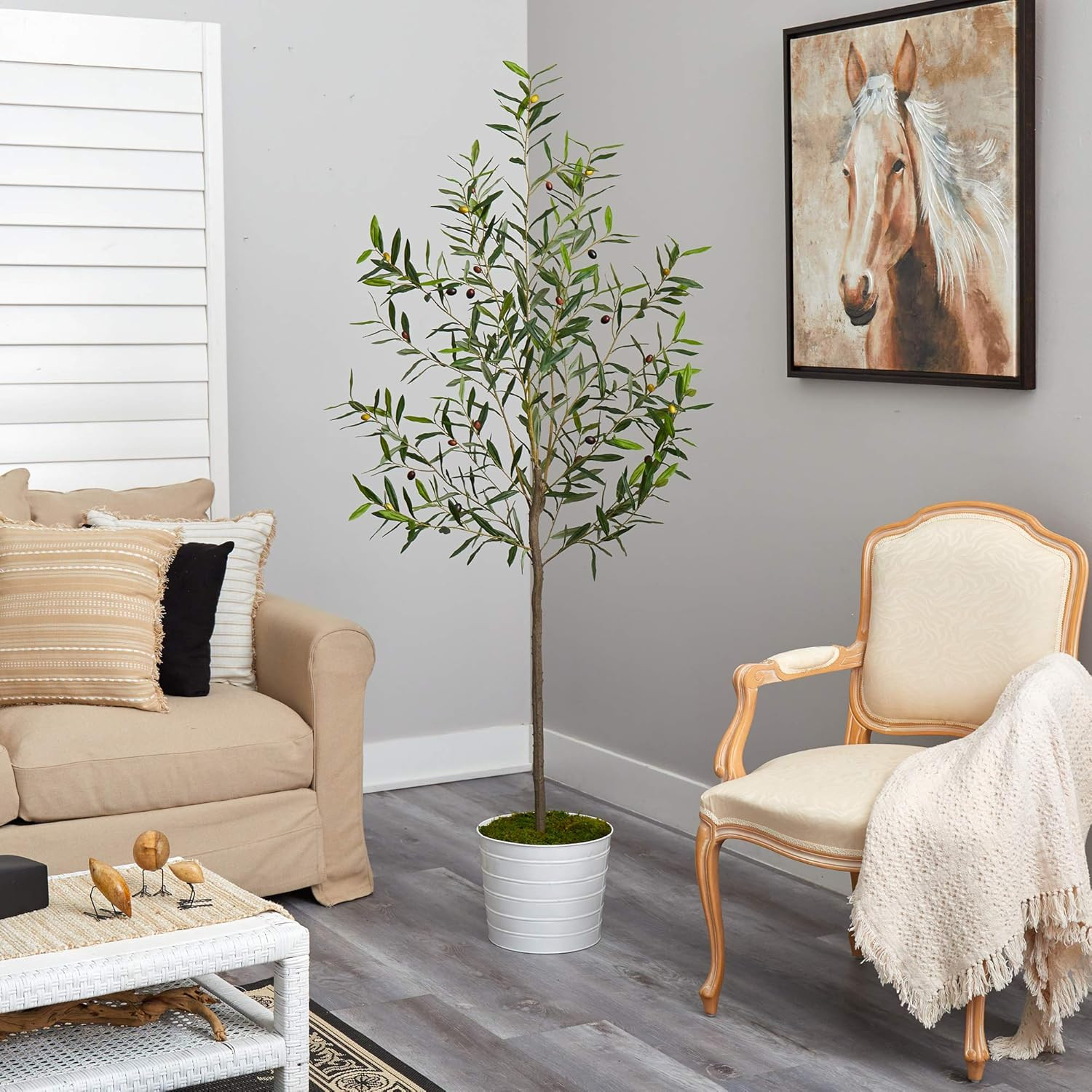 70″ Olive Artificial Tree in Chic White Tin Planter –