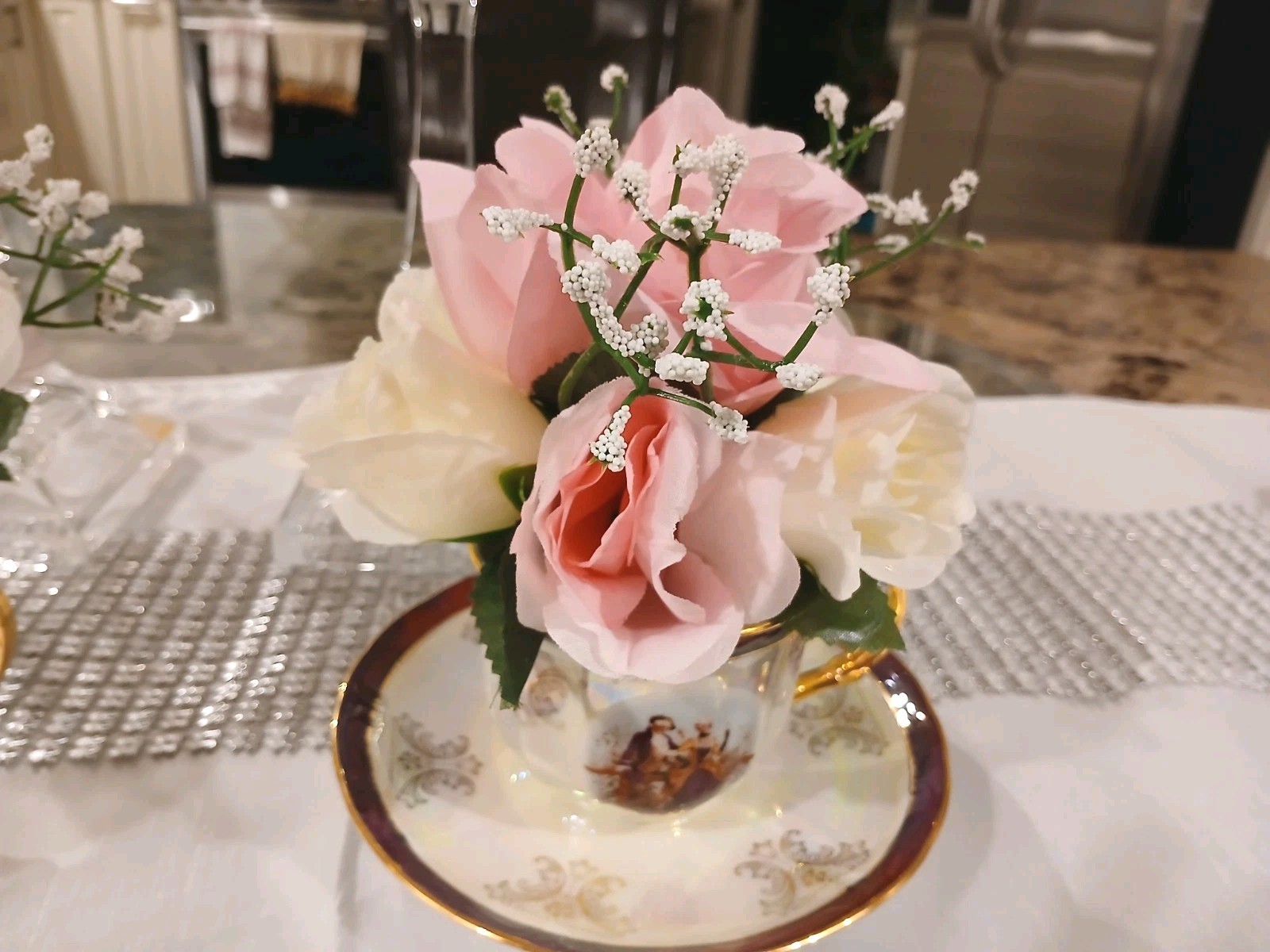 Bridal Pink & White Roses Floral Arrangement Tea Party Cup POP-IN Birthday Love
