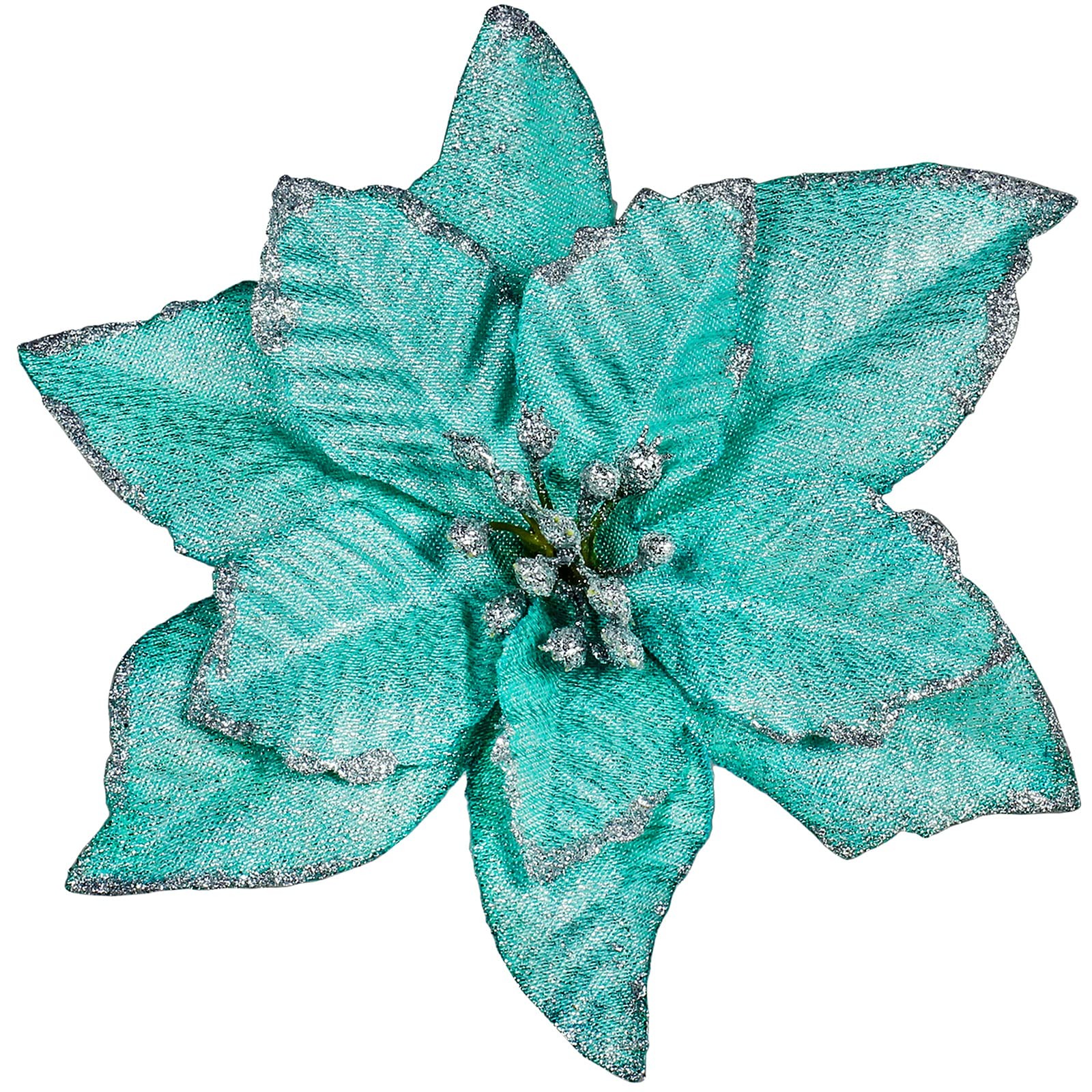 24 Pcs Glitter Artificial Christmas Poinsettia Flowers Picks Christmas Teal