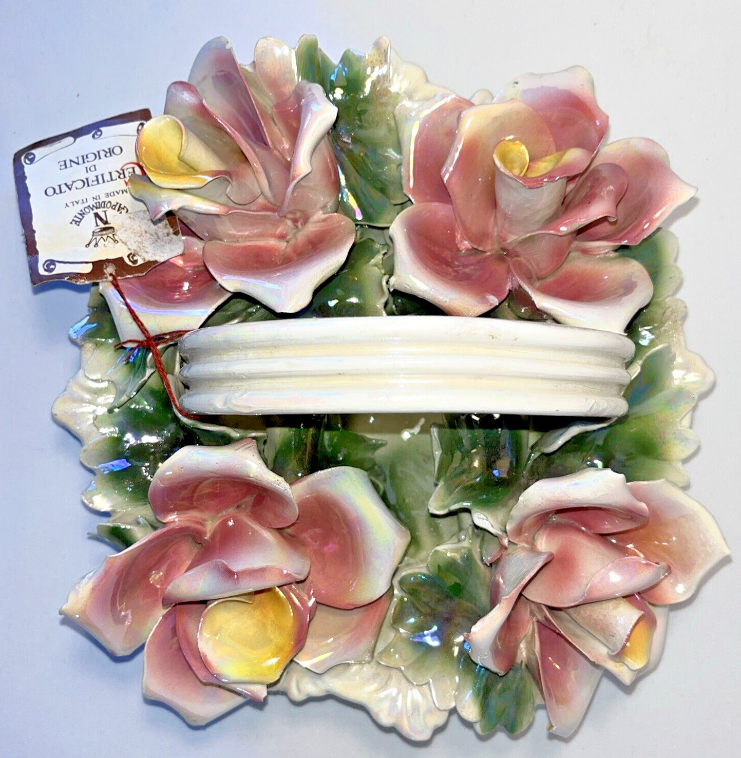 Vintage Capodimonte Basket of Roses Italy Original Tag Iridescent 10″ x 10″ x 6