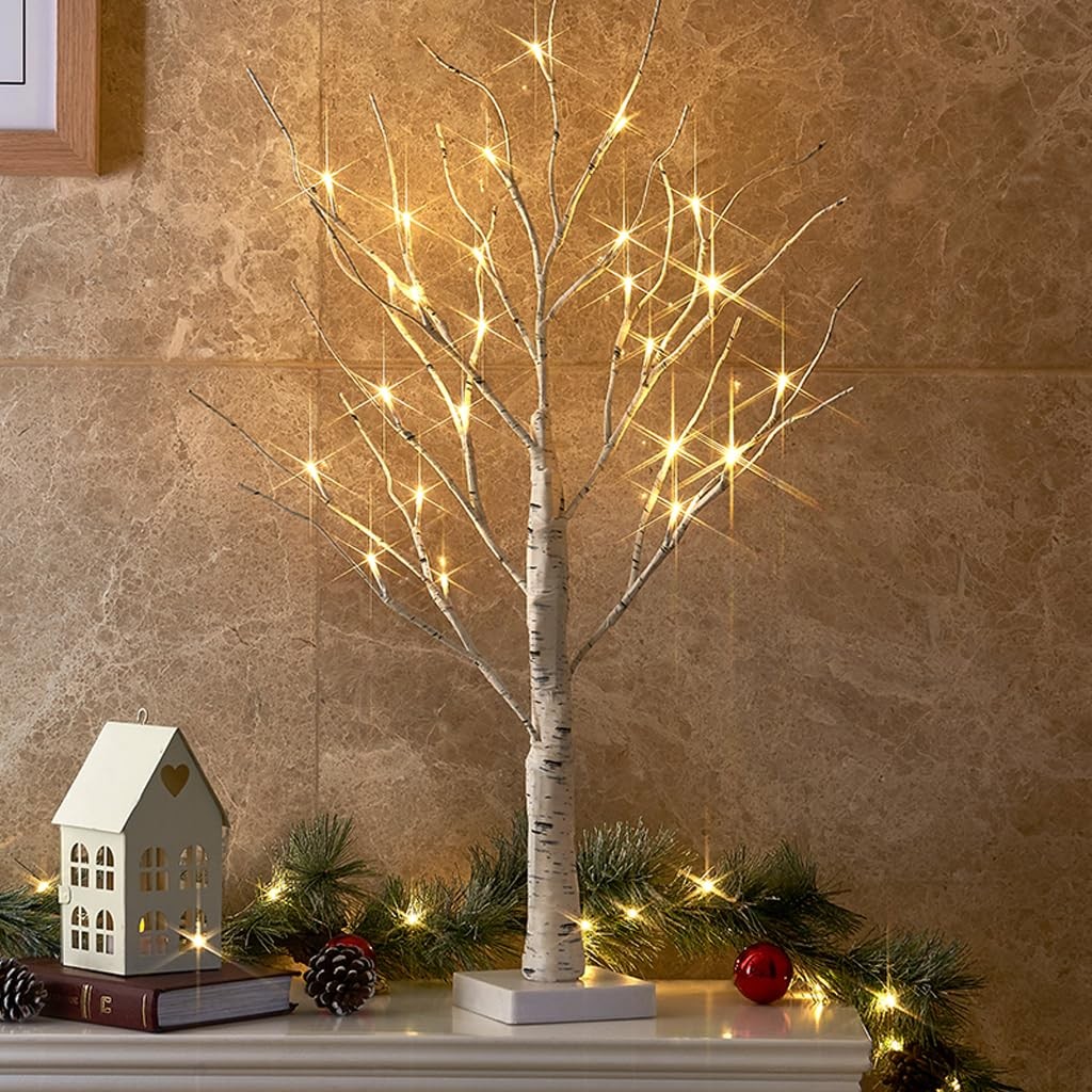 White Birch Tree with LED Lights, Prelit Artificial Tree with Timer, Centerpiece
