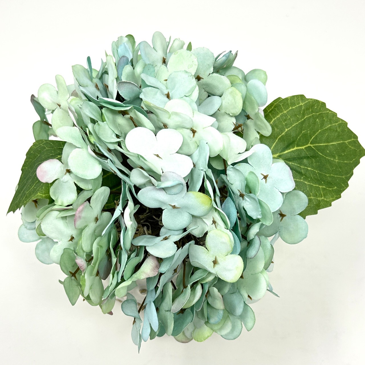 Mini 5.5″ Artificial BLUE-GREEN HYDRANGEA faux Silk flower potted in Cream Dot C