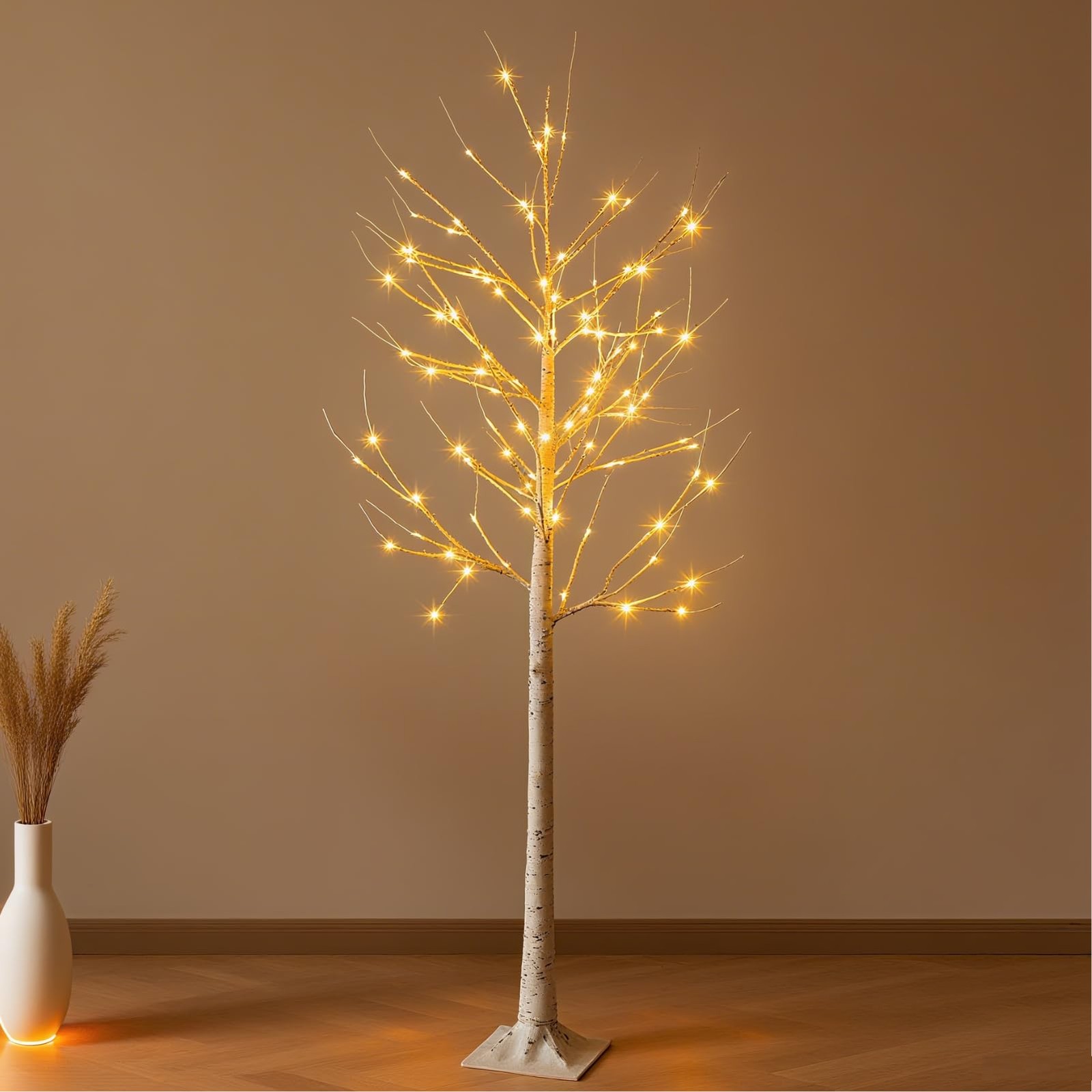 Set of 2 Lighted Birch Tree, Prelit White Christmas Tree Plug in, Light Up Ar…