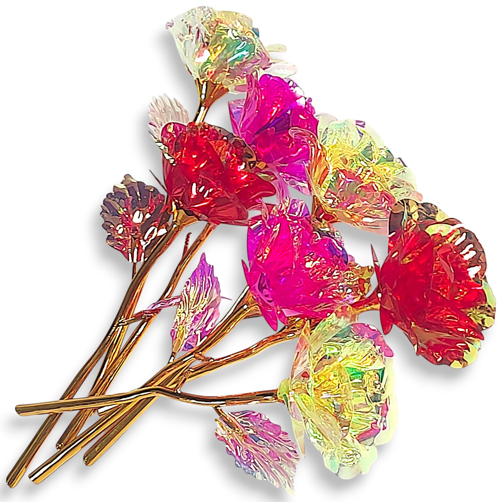 7pc Gold Stem Foil Enchanted Multicolor Flower Galaxy Rose Yellow Red Pink