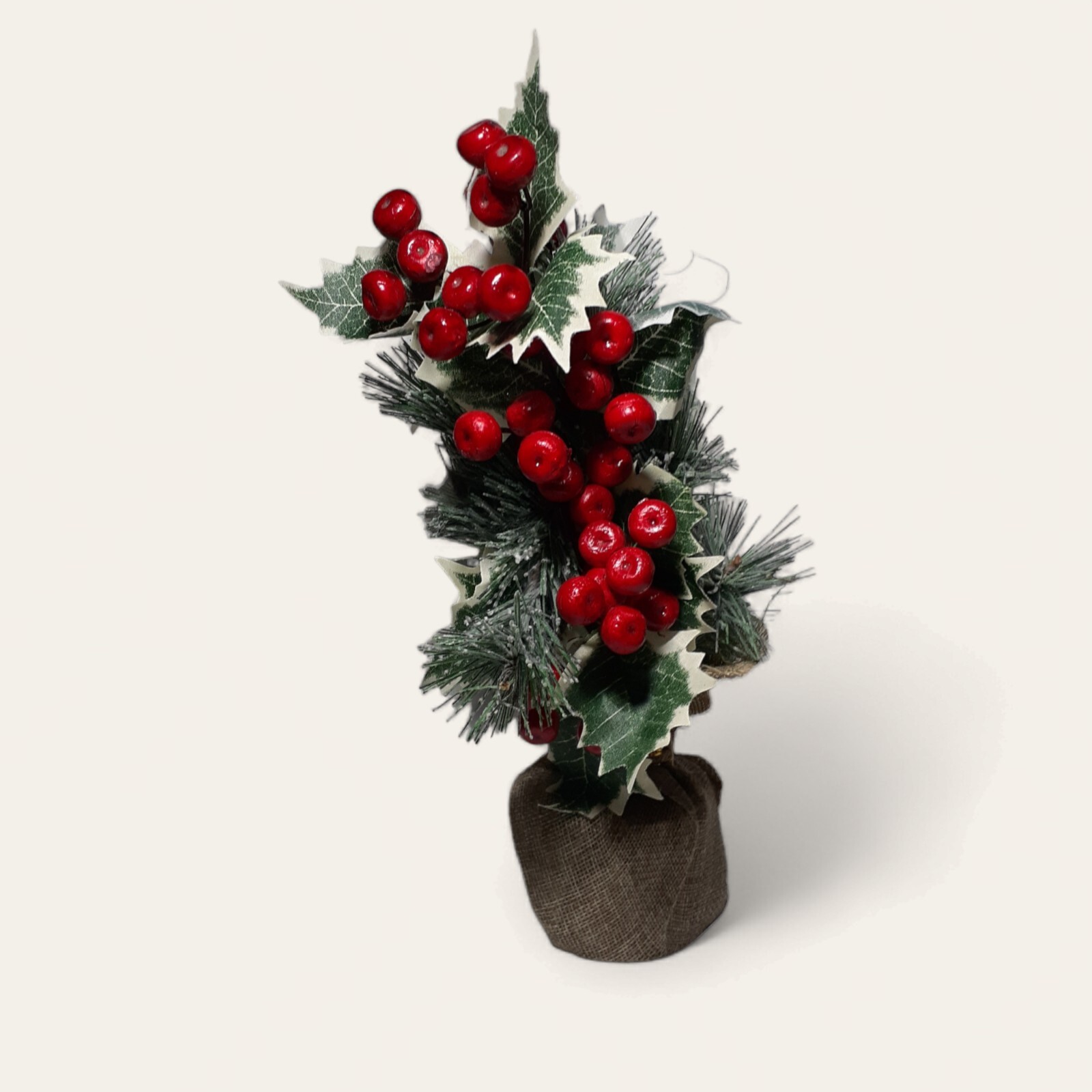 Home Decor Plant Artificial Holly Berries Pine Ivy Greenery In Burlap Winter 11″
