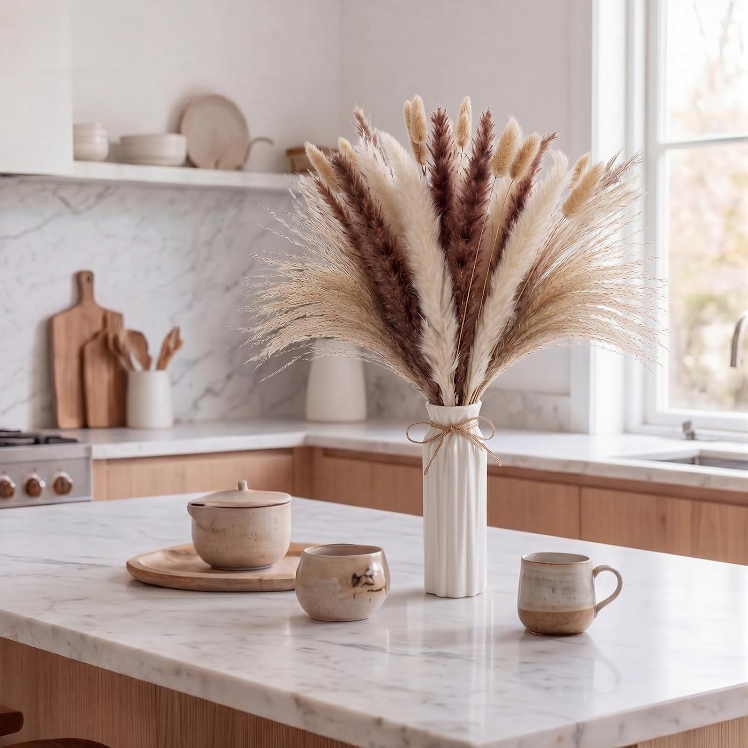 6 Set White Ceramic Vases Set W/ Dried Pampas Grass Bouquets Boho Table