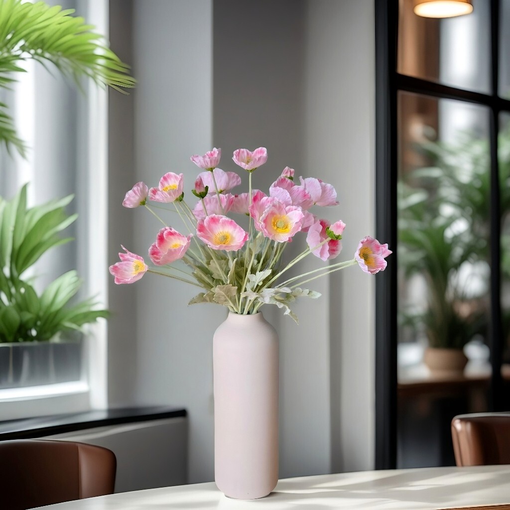 6-Piece Artificial Poppy Bouquet – Realistic silk frost 25.2”pink white