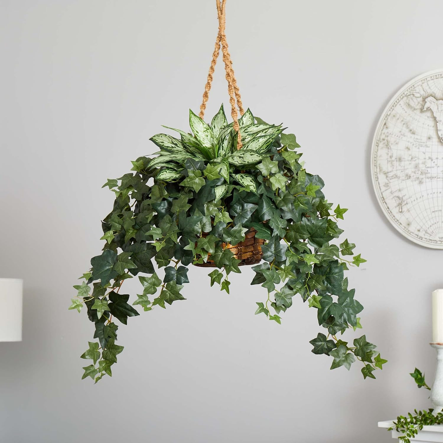 30In. Silver Queen and Ivy Artificial Plant in Hanging Basket