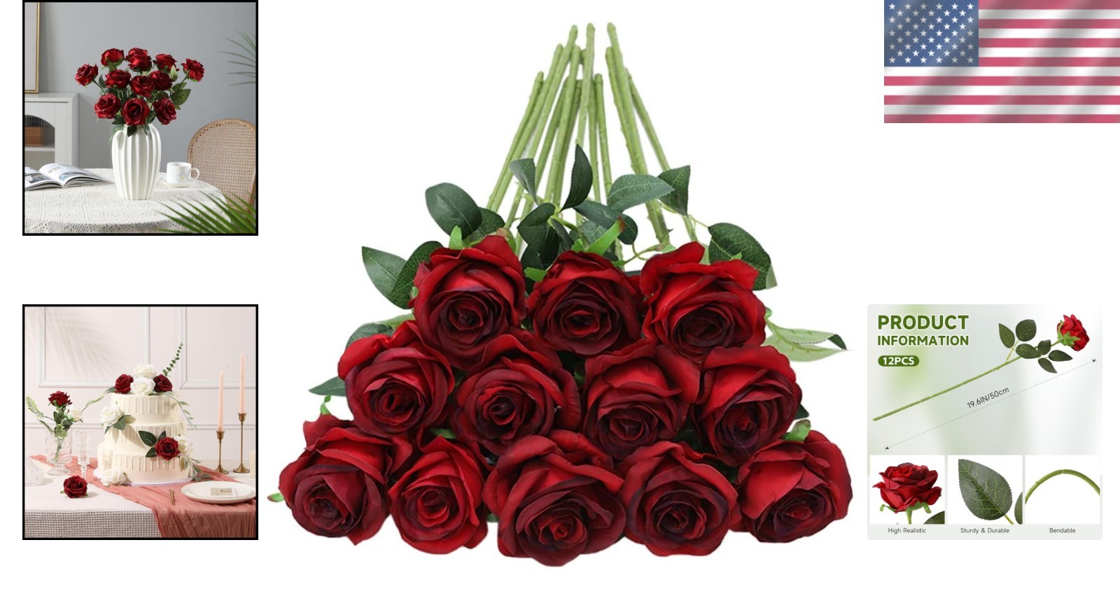 Realistic Silk Red Roses Bouquet – Set of 12