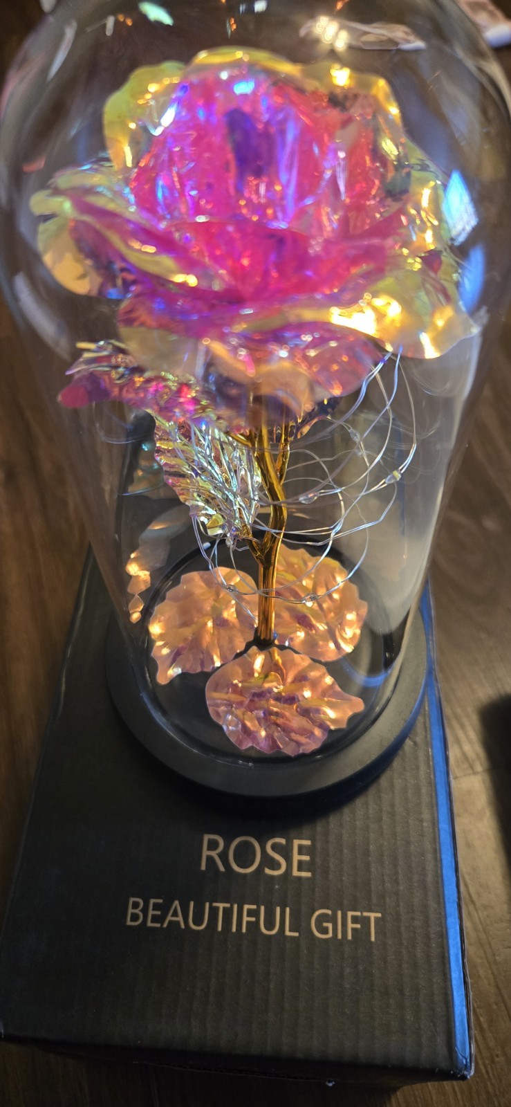 Light Up Rose Flower in a Glass Dome LED Lights Gift for Birtday / Holiday Pink