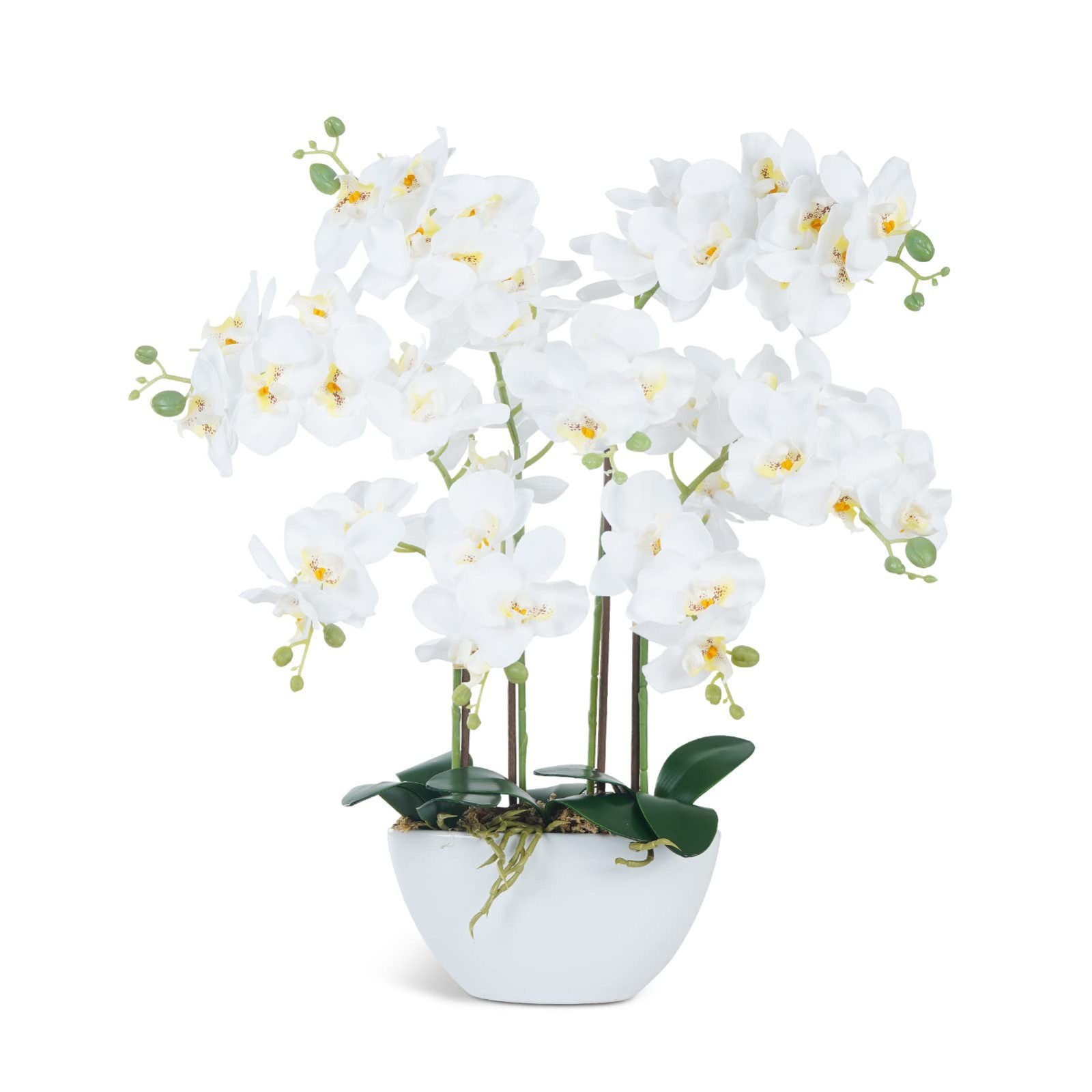 Realistic White Faux Orchid Flowers in Ceramic Pot – Table Centerpiece Decor