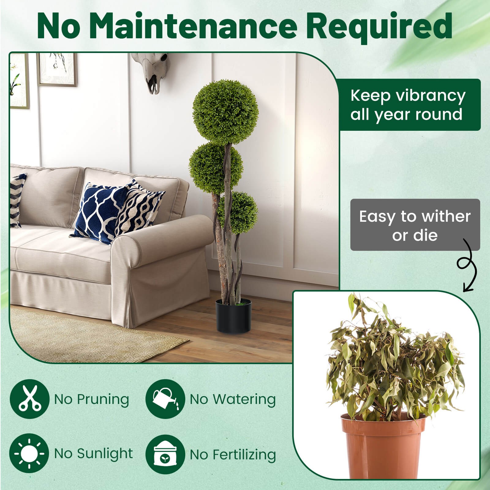 4 FT Artificial Boxwood Topiary Ball Tree w/ Triple Ball Faux Greenery Plant