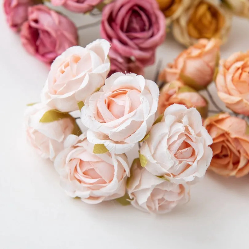 6Pcs Artificial Silk Tea Rose Mini Bouquet for Wedding Christmas Diy Home Decor