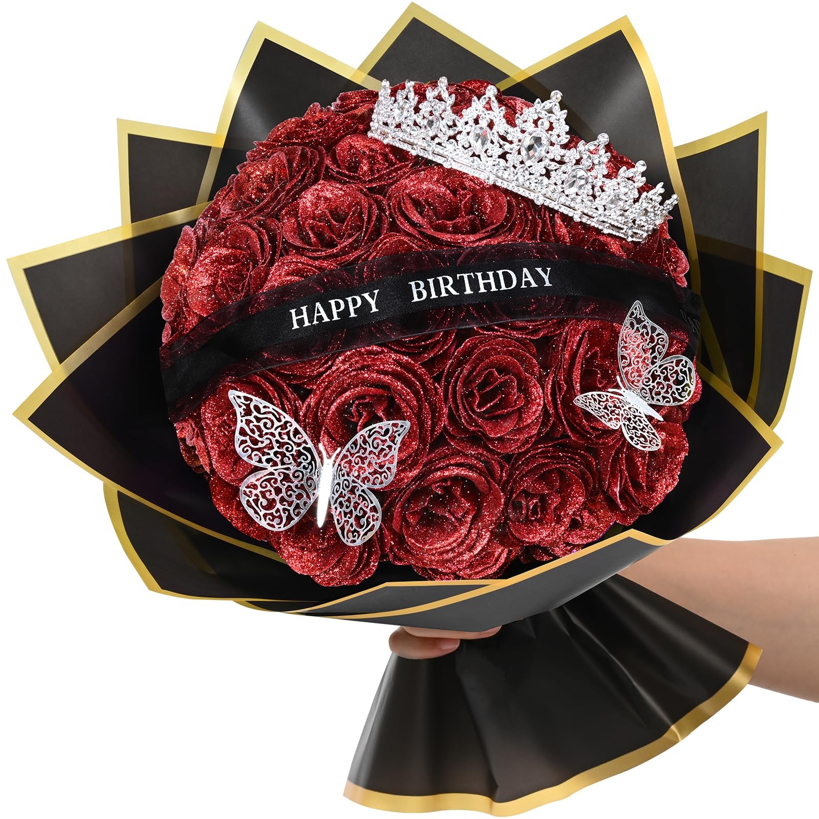 Glitter Roses Bouquet Birthday Gift Women Mom DIY Fake Flowers Red 36 Count