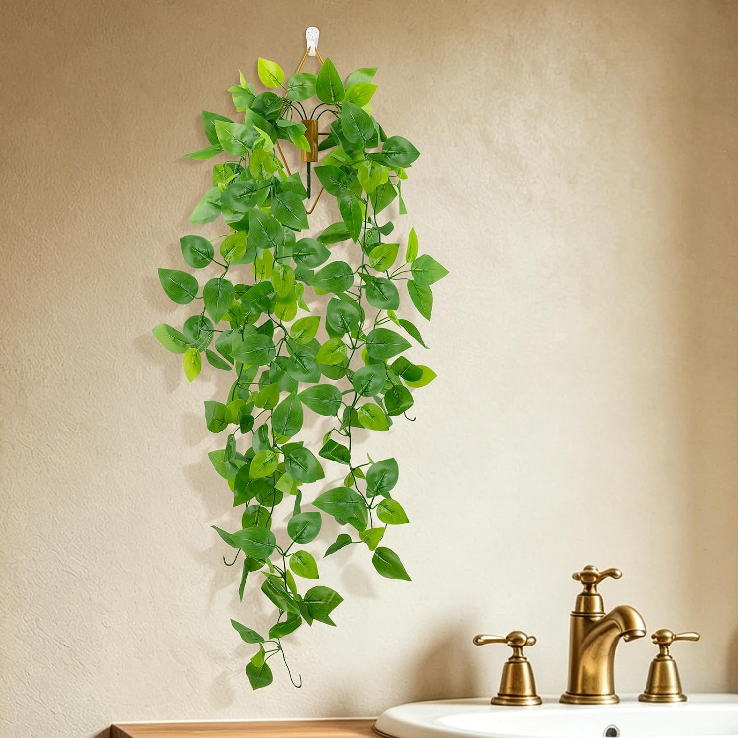 2 Pack Artificial Hanging Plants with Wall Planter, Faux Pothos Vines Fake Hangi