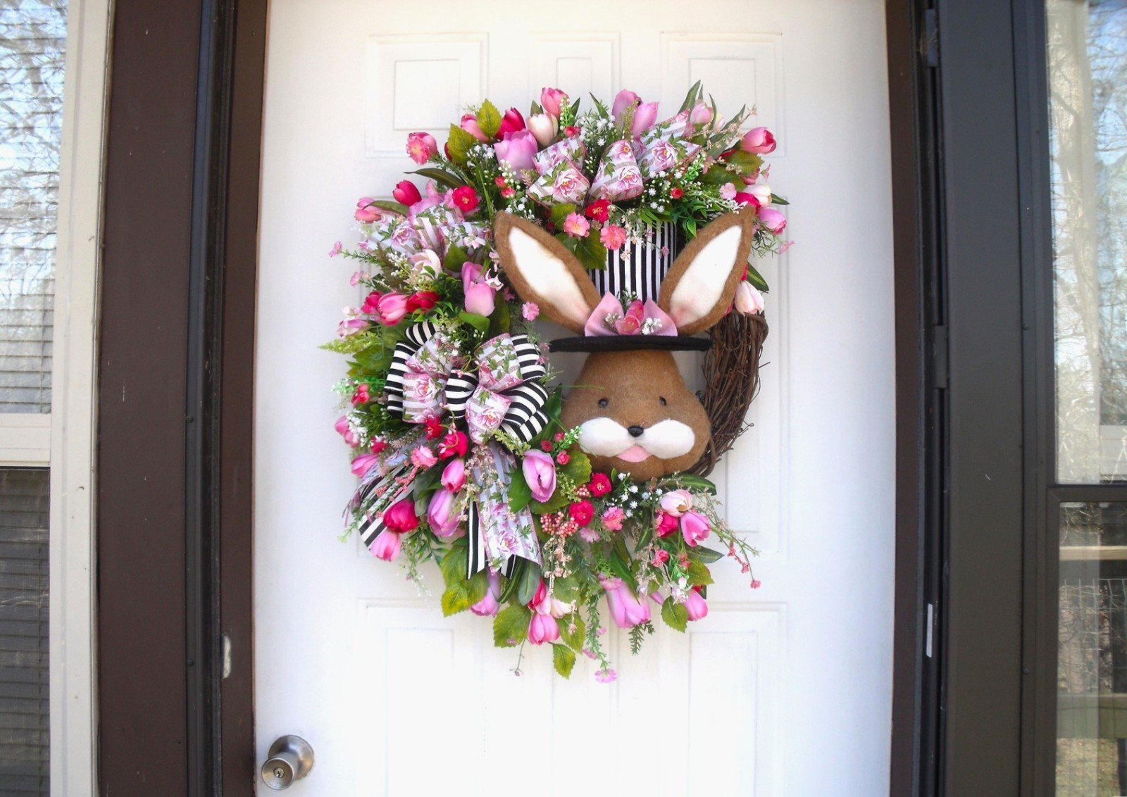 Spring Easter Bunny Wreath, Door Decor Pinks/Black/Whites