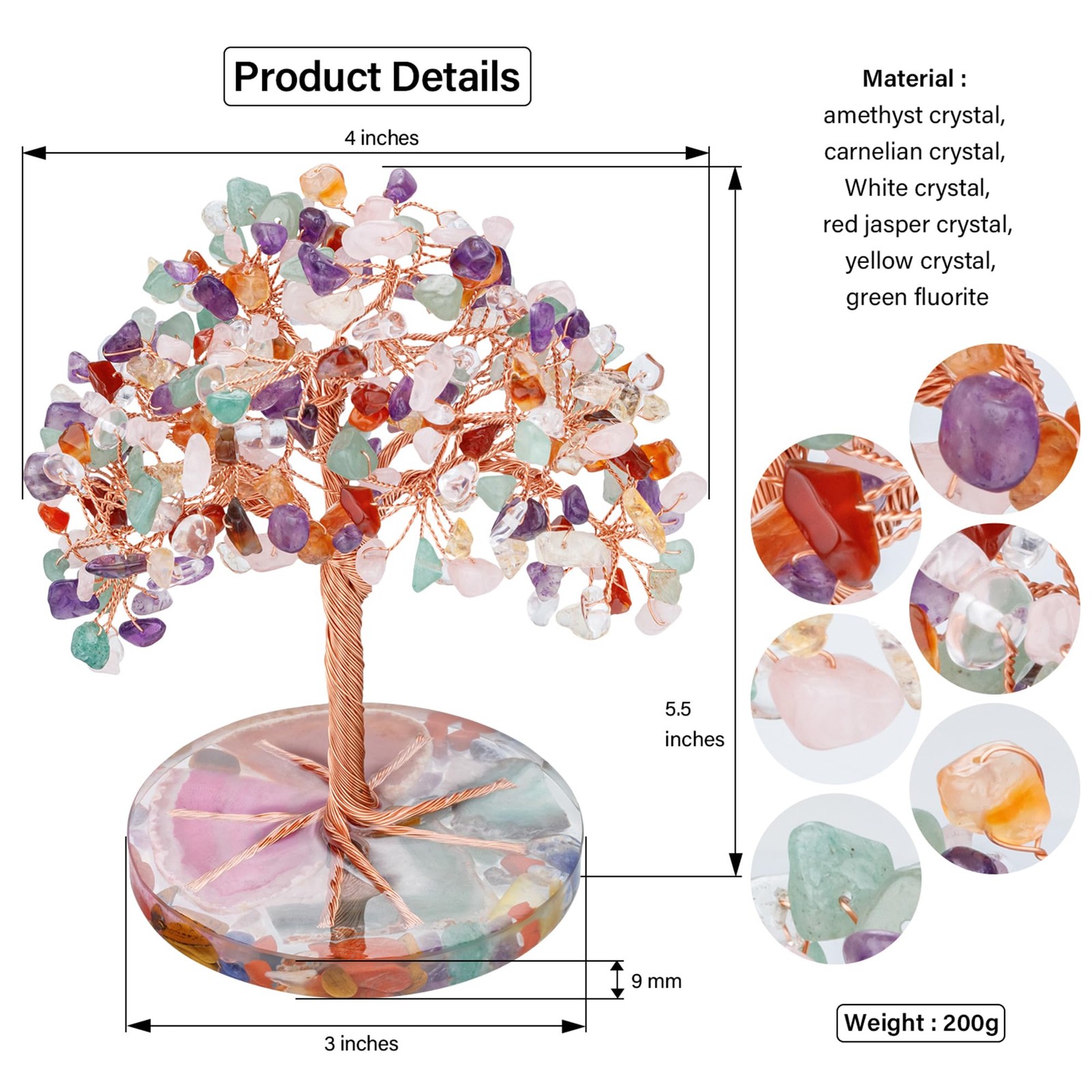 7 Chakra Healing Crystals Stones Tree with Agate Slice Base Feng Shui Decor
