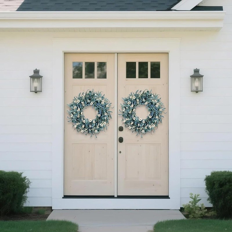 Rustic Flower Wreath Blue Daisy Eucalyptus Wheat Front Door Decor Seasonal Charm