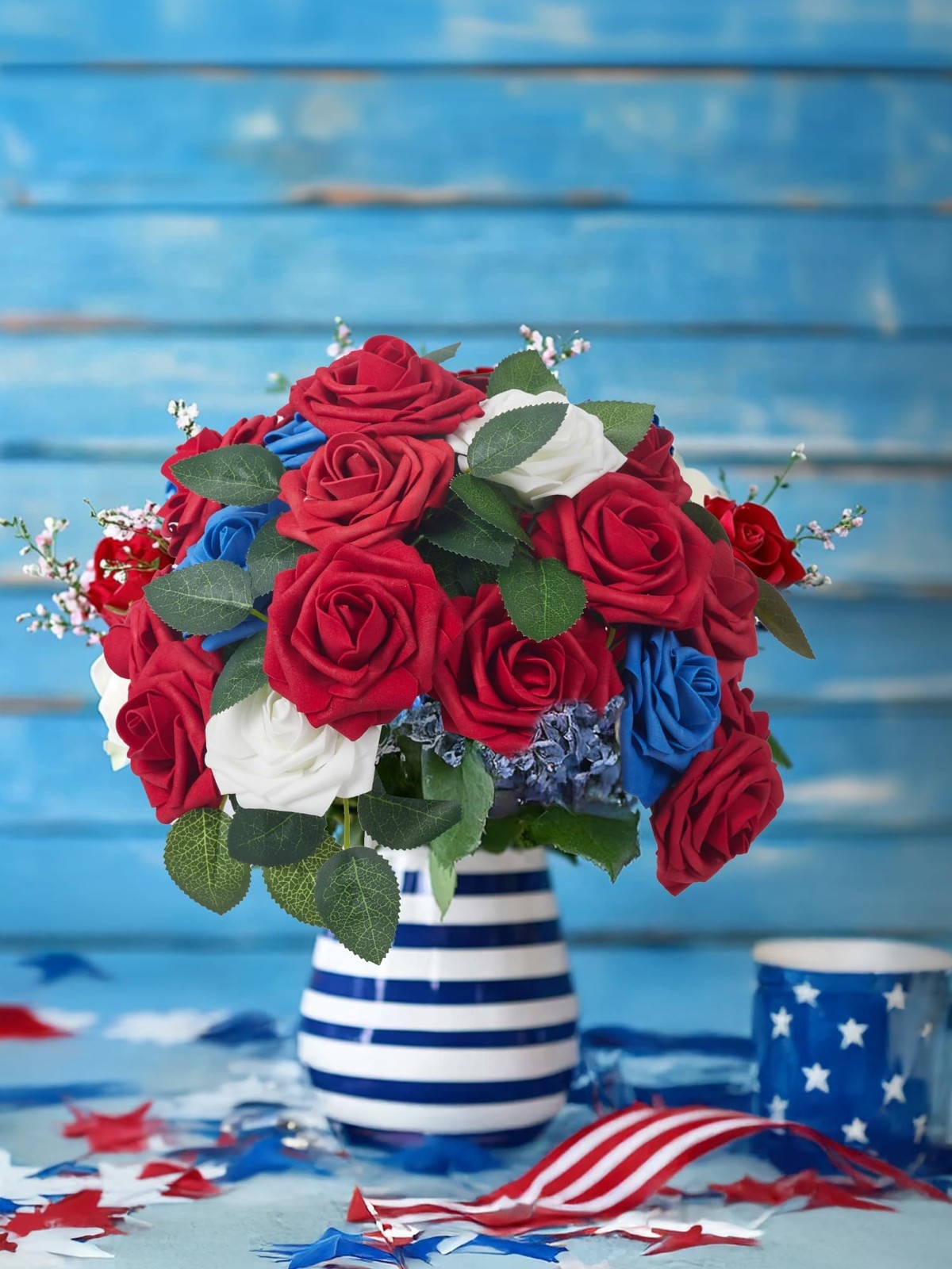 Artificial Flowers, 50 Pcs Dark Red Foam Fake Roses Bulk with Stems for Mothe