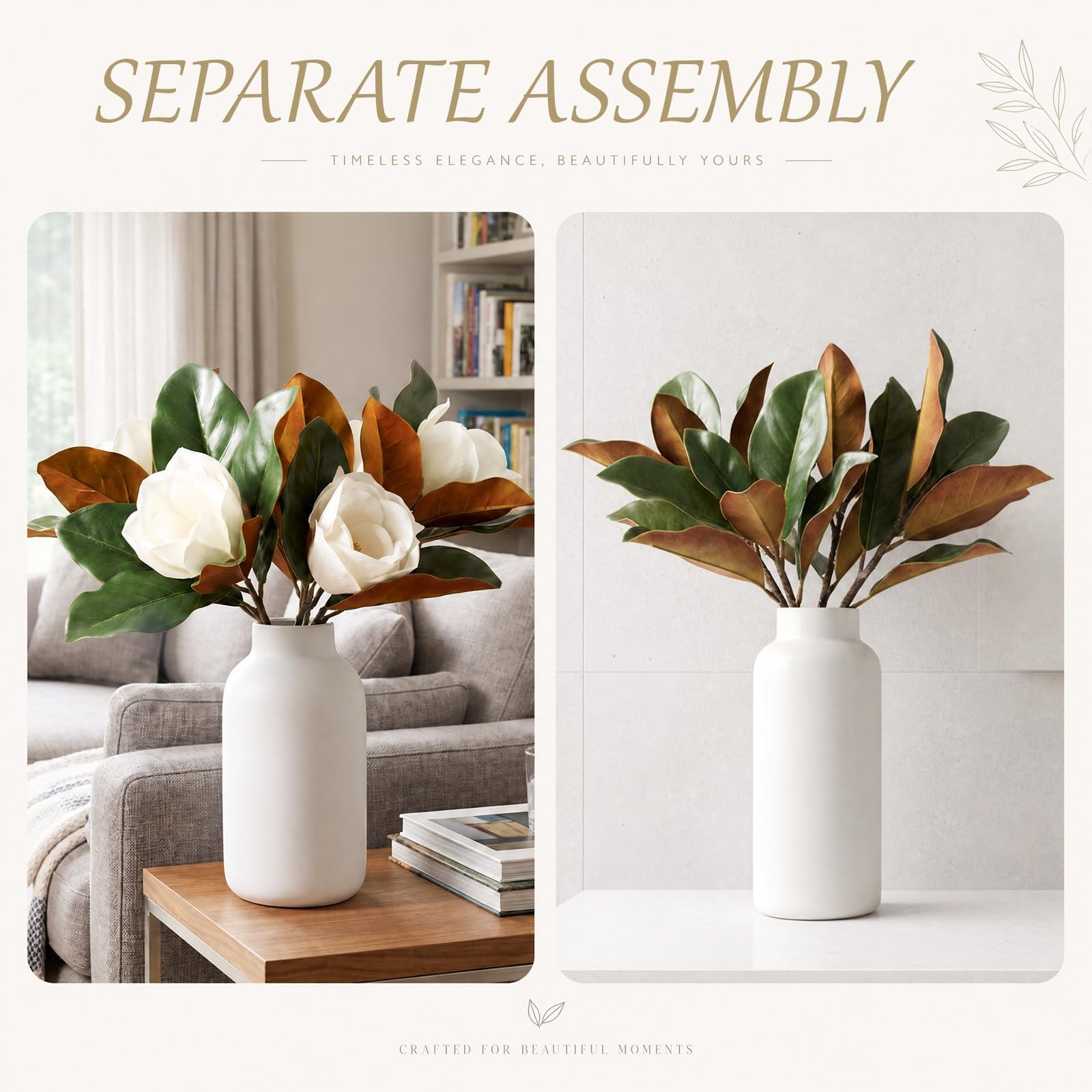 8 Pcs Magnolia Flower Set 4 White Artificial Magnolia Flower Stems 4 Branches…