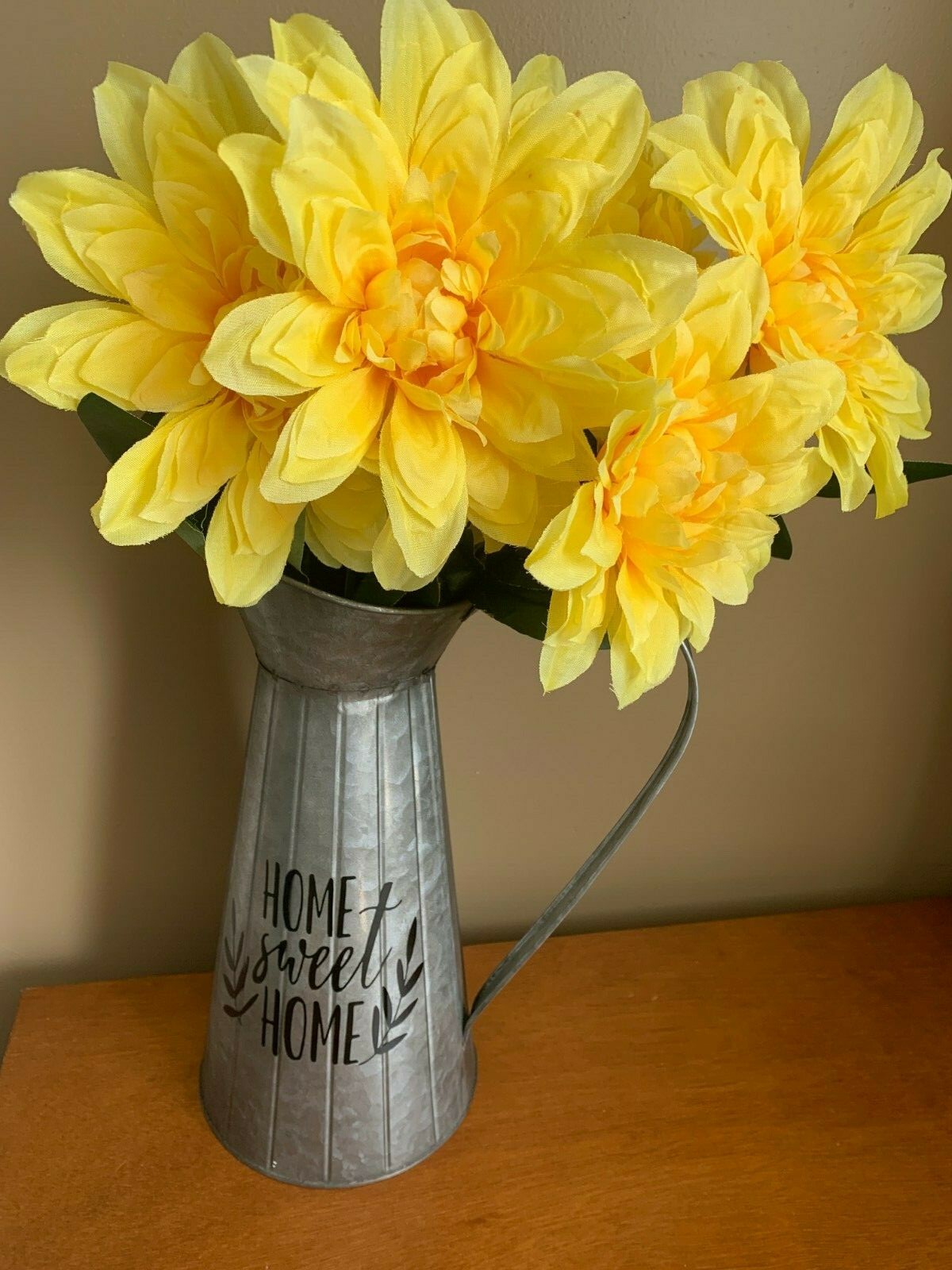 11.8″ Galvanized Metal Pitcher “Home Sweet Home” housewarming gift yellow flower