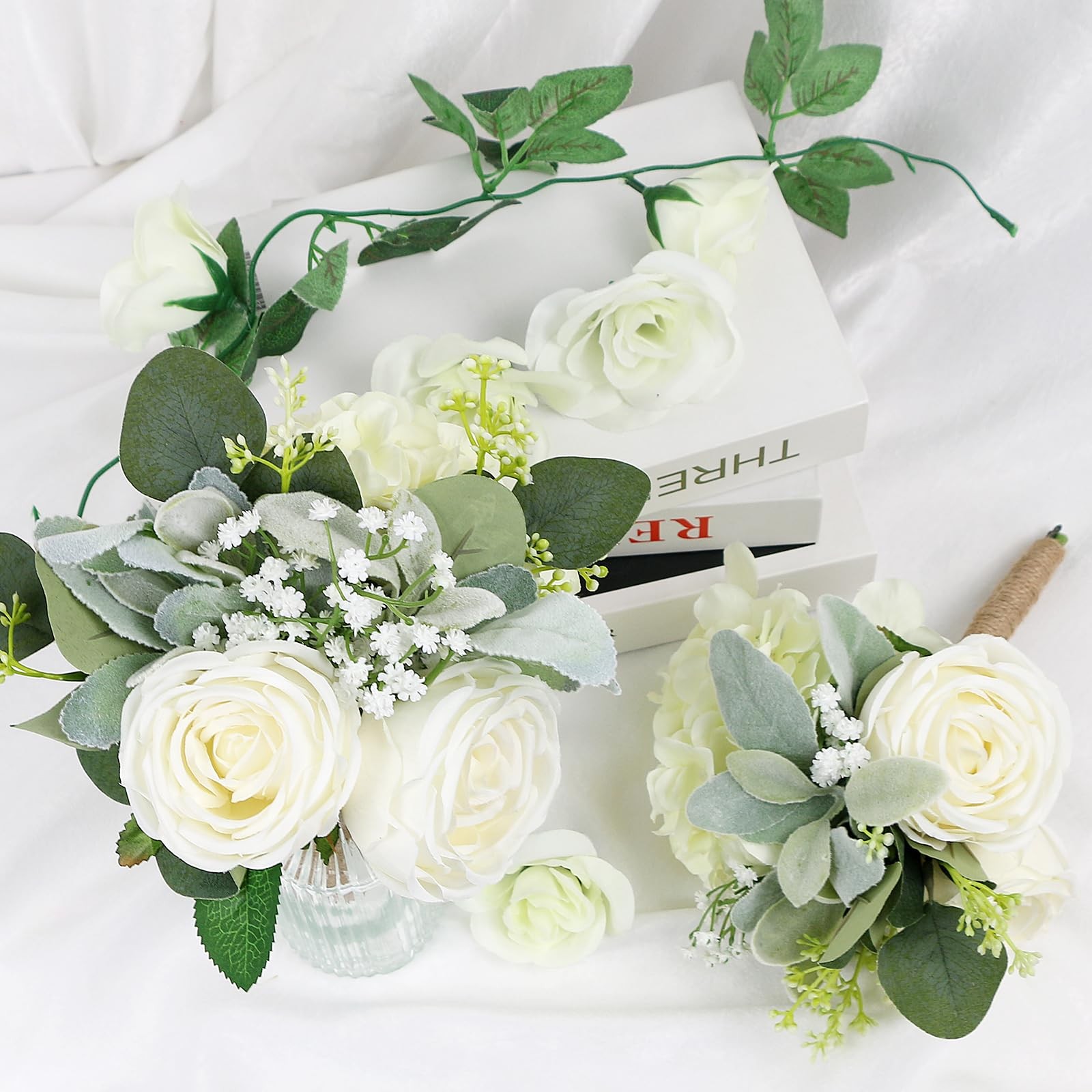 Bridesmaid Bouquets Set of 6 – Ivory White Artificial Flowers Bouquet for Bri…