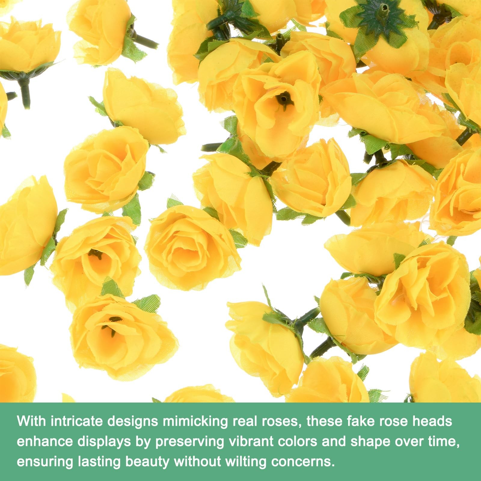 Yellow Small Silk Faux Rose Heads Artificial Bloom Flower Buds 50 Pack