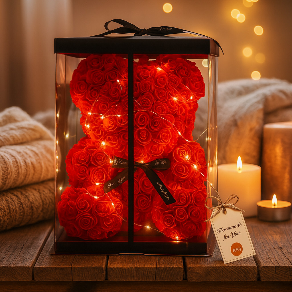 Light Up Foam Rose Bear 25cm w/ Gift Box Ribbon Warm LED Lights Valentine Gift