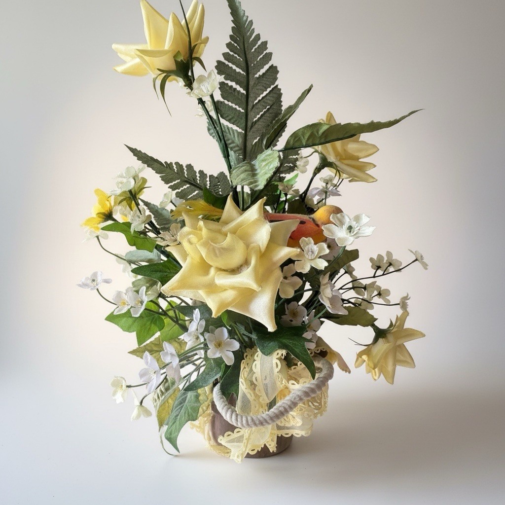 Vintage 1950s Original Yellow Silk Ribbon Rose Floral Arrangement Lefton Planter