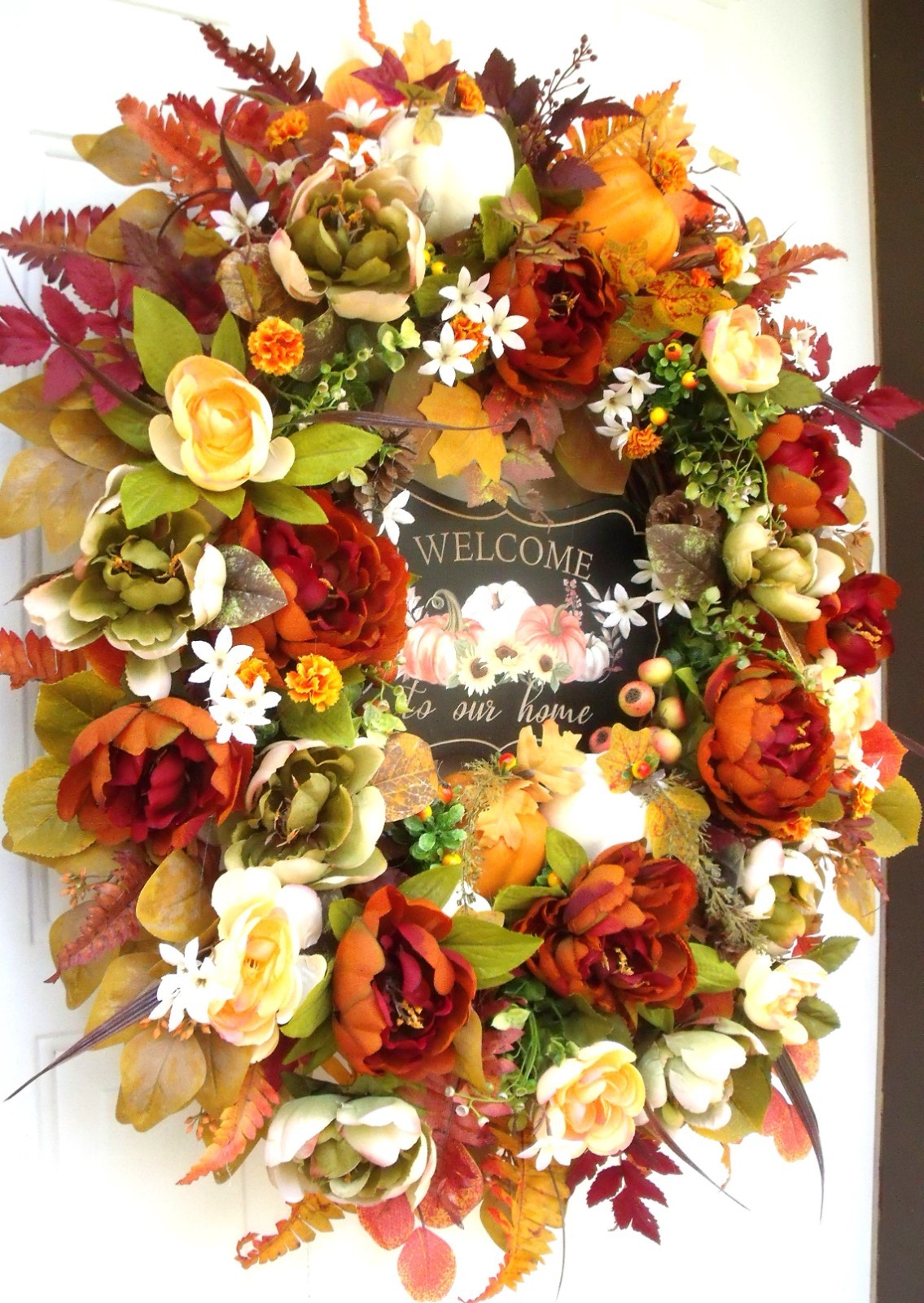 Fall Door Wreath, Thanksgiving Autumn Peony Pumpkin Wreath, Sage Orange Rust