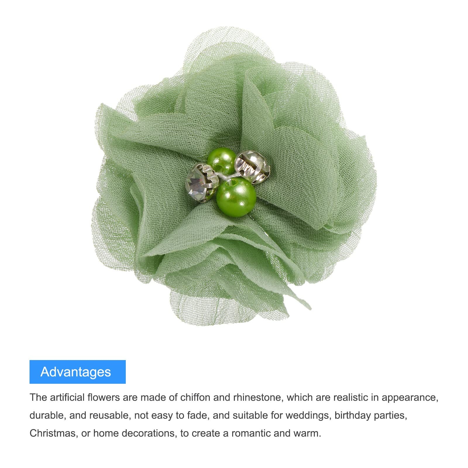 12 PCS 2 Inch Light Green Artificial Rhinestone Chiffon Flower Head Craft
