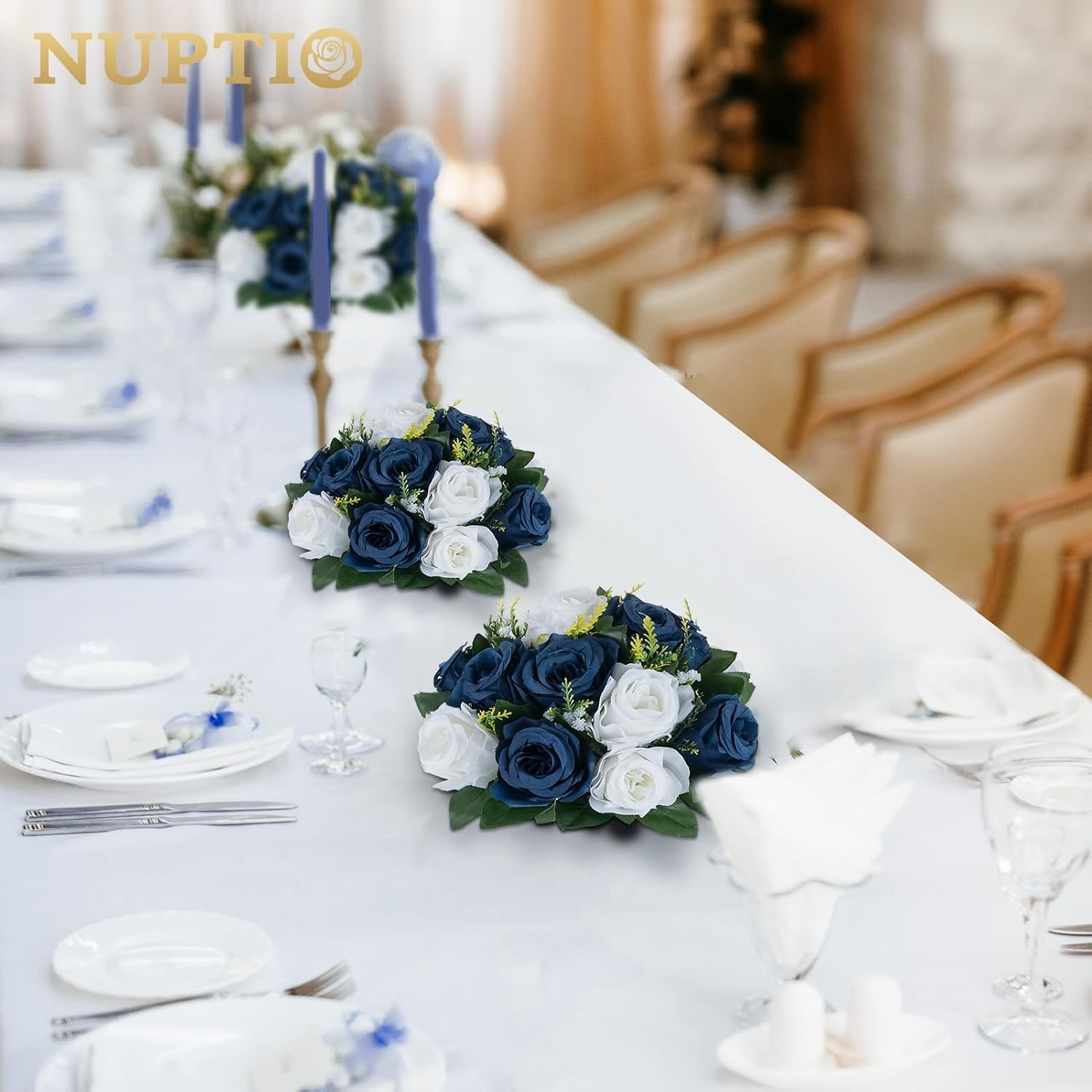 Silk Fake Rose Balls – Navy Blue & White – Set of 10