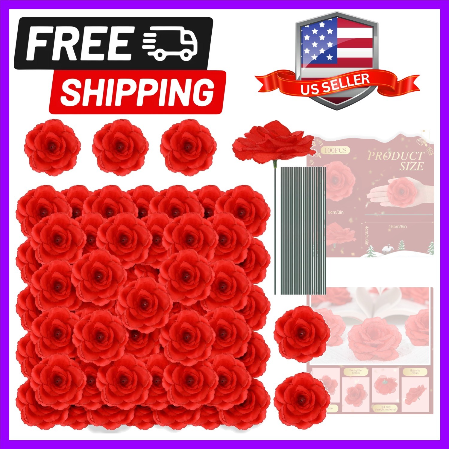100 Pcs Artificial Flowers Fake Silk Roses Long Stem Rose Bouquet Wedding Par…