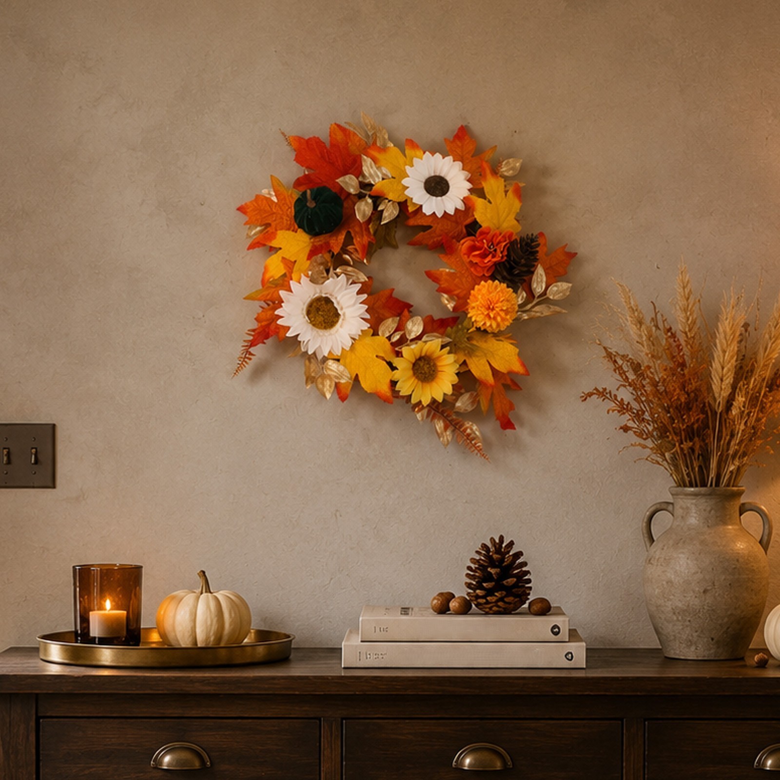 Artificial Autumn Wreath 17.72in/45cm for Thanksgiving Halloween Indoor Outdoor