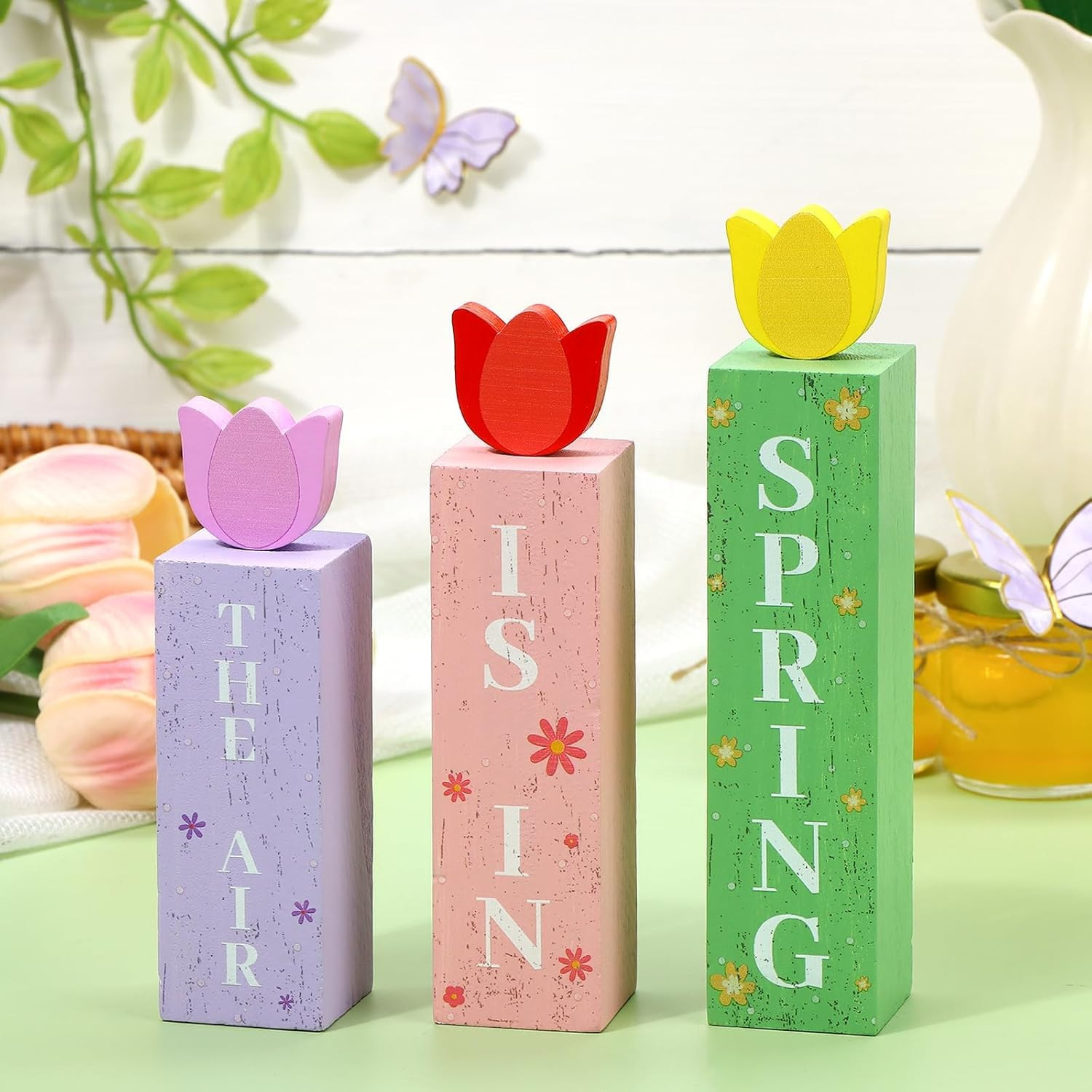 Spring Is In The Air Wooden Sign Set Farmhouse Tiered Tray Decor 3pc