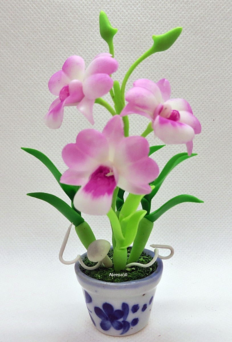 US Stock 4″H Handmade Air-Dry-Clay Miniature Dendrobium Orchid Arranged in Pot