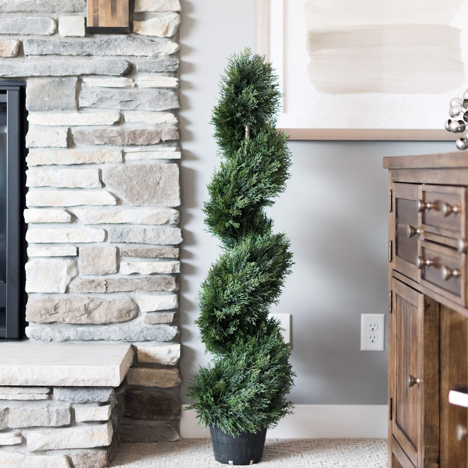 Pemberly Row 4′ Plastic Artificial Potted Cedar Spiral Tree in Green