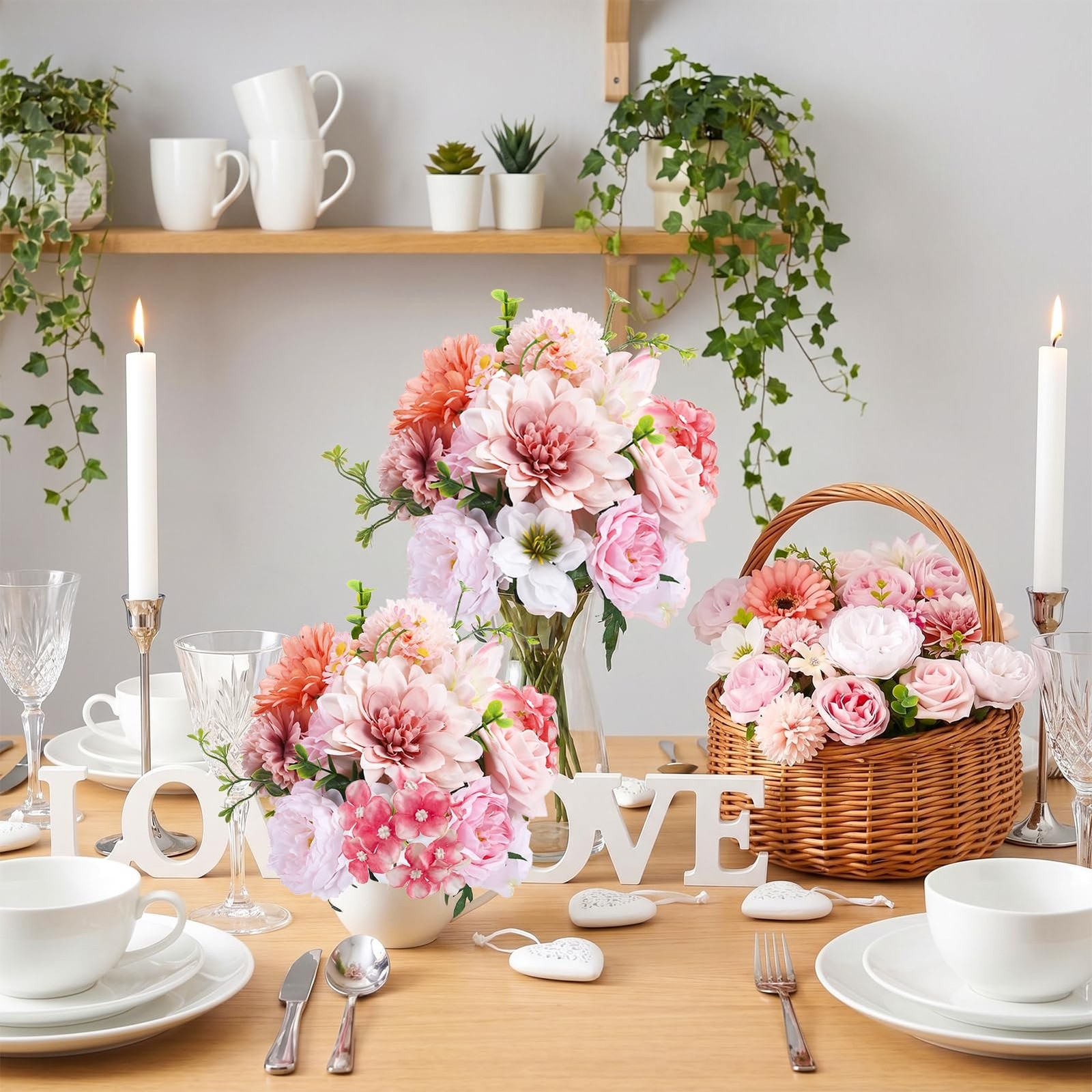Pink, Dusty Pink, White Artificial Flowers Combo Box Fake Silk Roses with Ste…