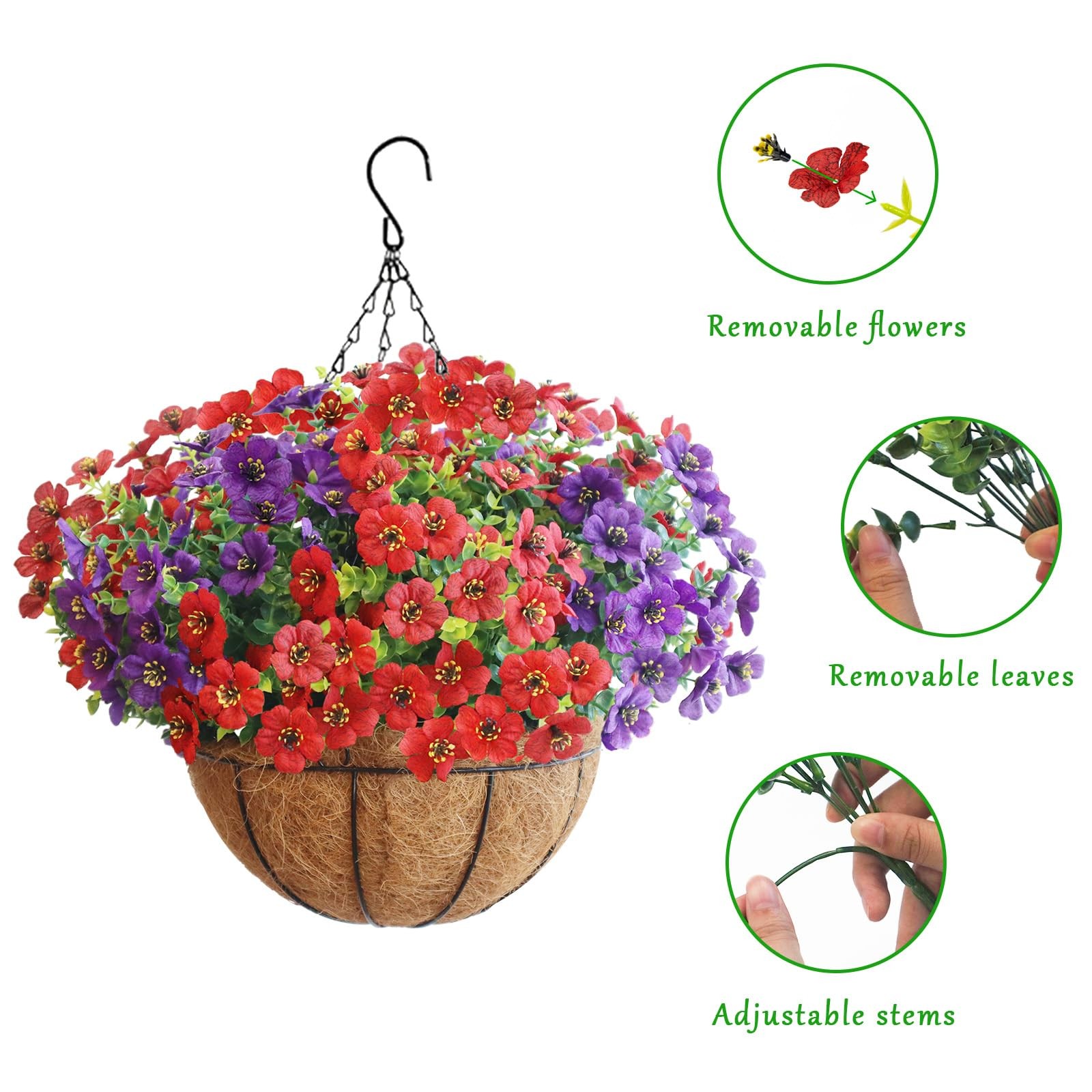 Artificial Hanging Flower Plants with Pot Planter, 12 Bundles Fake Flowers Uv…
