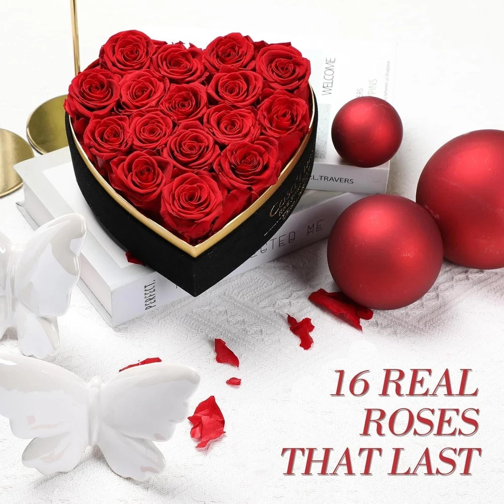Preserved Roses Flowers for Delivery 16 Pcs, Forever Flores in Heart Box with Ne