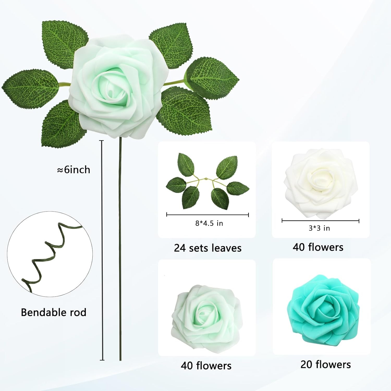 100PCS Realistic Green Artificial Roses for Wedding Decor & DIY Projects