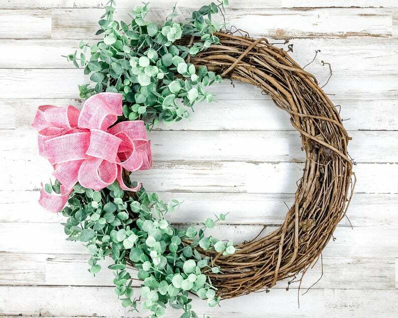 Pink burlap farmhouse chic grapevine wreath w/ artificial eucalyptus greenery