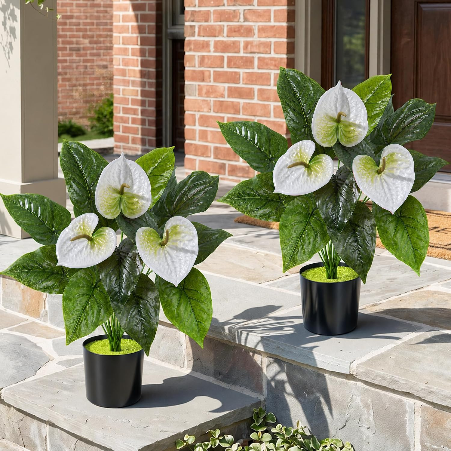 2 Pack Anthurium Artificial Flowers Plants with Pots for Indoor Outdoor Decorati